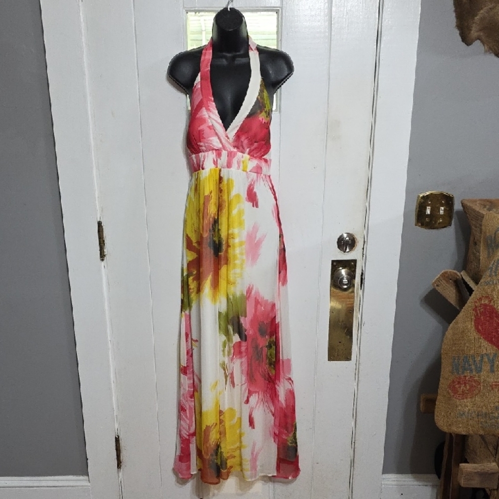 Jessica Simpson Floral Halter Maxi Dress Pink Yellow Beachy Lined Sz 2 EUC
